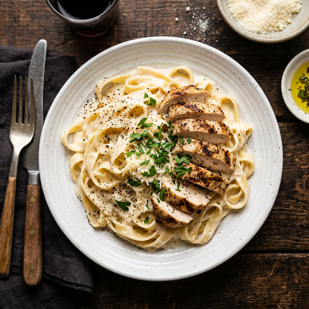 Loaded chicken fettuccine alfredo with grilled chicken, bacon, mushrooms and broccoli