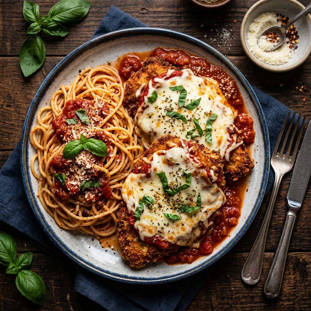 Baked Chicken Parmigiano on spaghetti with marinara and melted mozzarella